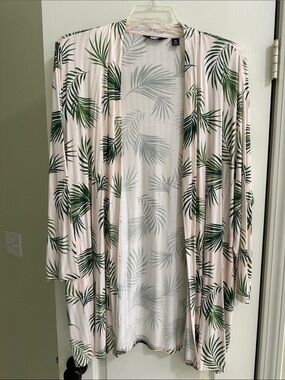 Lands' End Pink Palm-Print Open Front Cardigan
